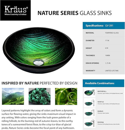 KRAUS Nei Glass Vessel Sink in Green with Ramus Faucet in Chrome