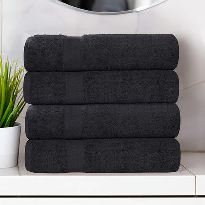 Superior 4-Piece Cotton Bath Towel Set, Towels for Adults, Kids, Fast Drying Body Towels, Shower, Bath, Pool, Guest/Master Bathroom Essentials, Dorm, Home, Apartment, Franklin Collection, Black