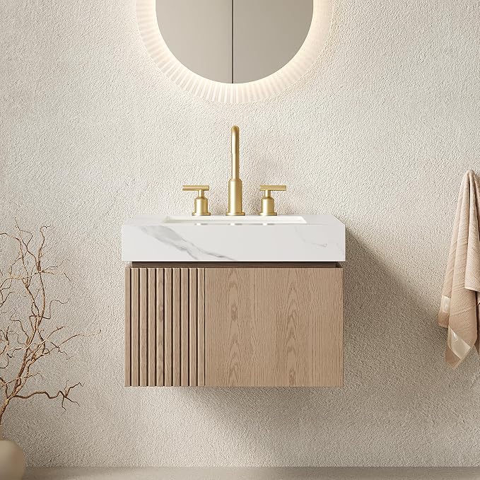 KEIKI 24 Inch Floating Bathroom Vanity with Sink, Light Brown & White | Modern Wall Mounted Storage Cabinet with 2 Doors, Pre-assembled Wood Panels, Sintered Stone Top & Ceramic Basin Combo Set