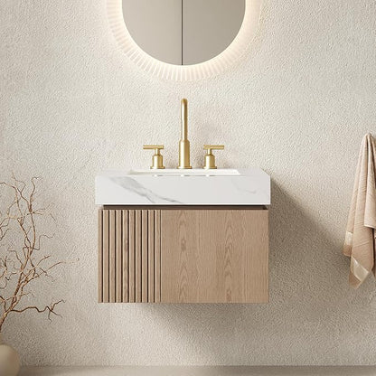 KEIKI 24 Inch Floating Bathroom Vanity with Sink, Light Brown & White | Modern Wall Mounted Storage Cabinet with 2 Doors, Pre-assembled Wood Panels, Sintered Stone Top & Ceramic Basin Combo Set