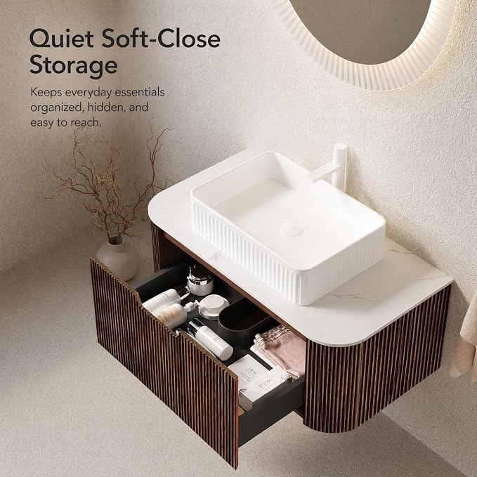 30 Inch Bathroom Vanity with Sink, Floating Wall Mounted Single Sink Vanity, Dark Walnut Curved Fluted Front, Stone Top, White Textured Rectangular Vessel Basin, Pre-Assembled