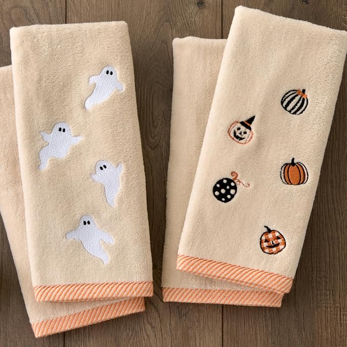 SKL Home Halloween Tossed Ghosts Hand Towel Set-2pc, 100% Cotton, Taupe | Soft, embroidered velour. Great for the bathroom, kitchen or bar & gifting.