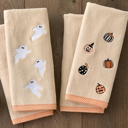 SKL Home Halloween Tossed Ghosts Hand Towel Set-2pc, 100% Cotton, Taupe | Soft, embroidered velour. Great for the bathroom, kitchen or bar & gifting.