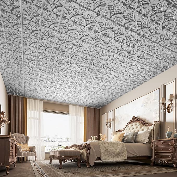 Art3d Fancy Classic Style Drop Ceiling Tiles, 2 x 2 ft, Argent Silver | PVC, Lightweight, Waterproof, Easy to Wipe Clean, Compatible with Grid System, Suitable for Kitchen, Bathroom, Basement