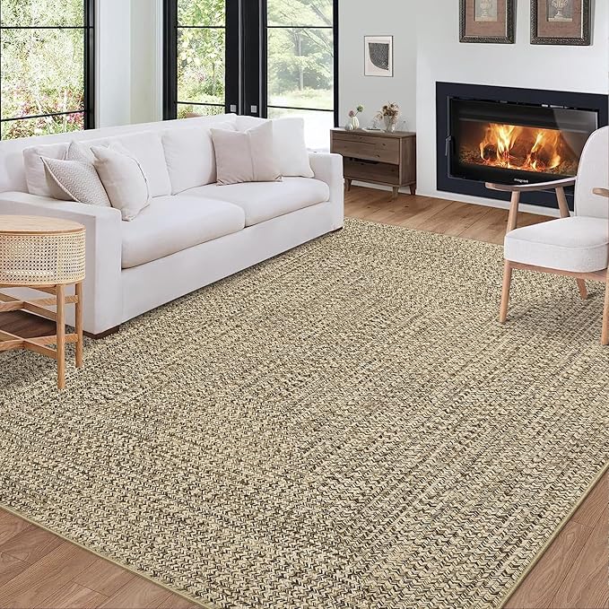 Washable Area Rug 10x13 Modern Braided Print for Living Room, Bedroom, Farmhouse - Soft Large Non-Slip Throw Carpet, Stain Resistant for Nursery, Dining Room 10'x13' Natural