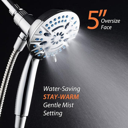 AquaCare Magneton 8-Mode High Pressure Handheld Shower Head with 2 Brackets | Space-age Magnetic Guidance Docking, Giant 5-inch Face with Hygienic Jets, Extra-long 6 ft. Stainless Steel Hose / Chrome