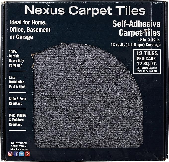 Nexus Self Adhesive 12-Inch Carpet Floor Tiles, 12 Tiles - 12" x 12", Smoke Grey - Peel & Stick, DIY Flooring for Kitchen, Dining Room, Bedrooms & Bathrooms by Achim Home Decor