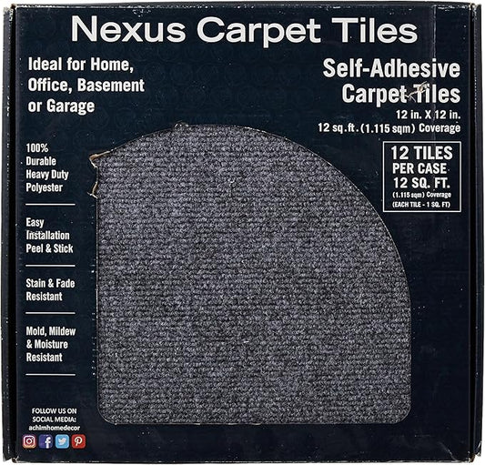 Nexus Self Adhesive 12-Inch Carpet Floor Tiles, 12 Tiles - 12" x 12", Smoke Grey - Peel & Stick, DIY Flooring for Kitchen, Dining Room, Bedrooms & Bathrooms by Achim Home Decor