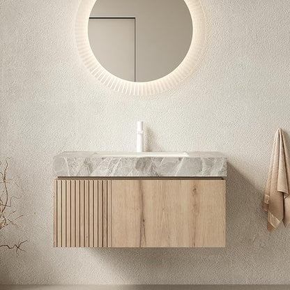 Ambrovina 36" Floating Bathroom Vanity with Sink, Modern Plywood Bathroom Storage Cabinet with Drawer and Door, Gray Sintered Stone Countertop and White Ceramic Basin, Pre-Assembled, Light Oak