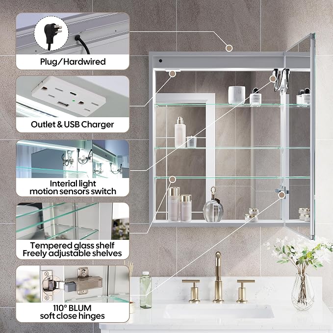 WELLFOR 24" X 30" Bathroom LED Medicine Cabinet with Mirror, Medicine Cabinet with Lights, Bathroom Mirror with Storage, Dimmer, Defogger, Outlets & USB Ports, Right Opening Door