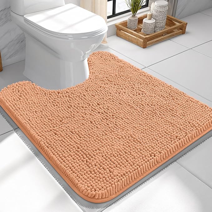 OLANLY Toilet Rugs U-Shaped 24x24, Soft Absorbent Chenille Contour Rugs | Peach, Quick-Drying Rubber Backing, Machine Washable Non-Slip Shaggy Bathroom Mat for Toilet, Home Decor Accessories