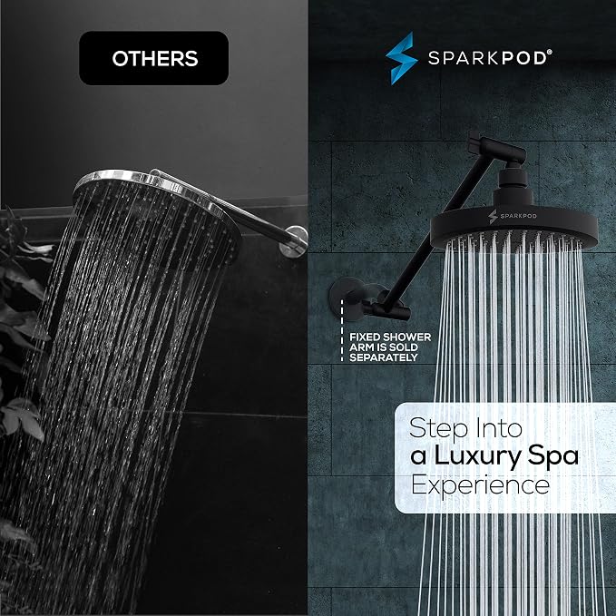 SparkPod 6" Round Rain Shower Head with 11" Shower Arm | Shower Head & Extension Arm Combo, Height Adjustable, High Pressure Performance, Easy 1-Minute Installation, Black Matte