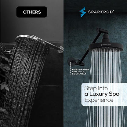 SparkPod 6" Round Rain Shower Head with 11" Shower Arm | Shower Head & Extension Arm Combo, Height Adjustable, High Pressure Performance, Easy 1-Minute Installation, Black Matte