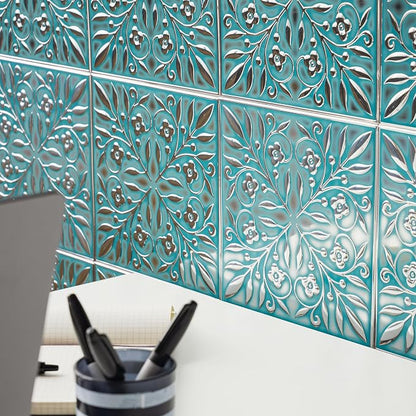 Peel and Stick Metal Tiles, Teal & Silver Leaves, 10-Pack | 8 x 8 in tile size; Covers up to 4.44 sq ft; Aluminum; Water-resistant surface; For kitchens, ceilings, DIY projects