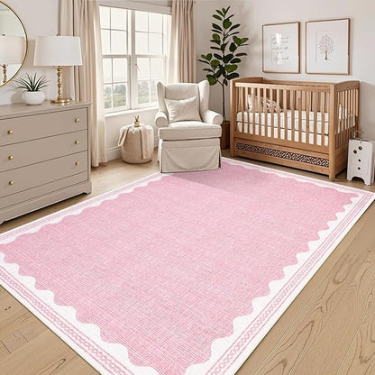 Garvee Large Washable Rug 9x12 Modern Indoor Living Room Rug Non Slip Pink | Stain-Resistant Low Pile Floor Cover Ultra Soft Foldable Bordered Print Carpet for Bedroom Nursery Office Dorm Kids Room