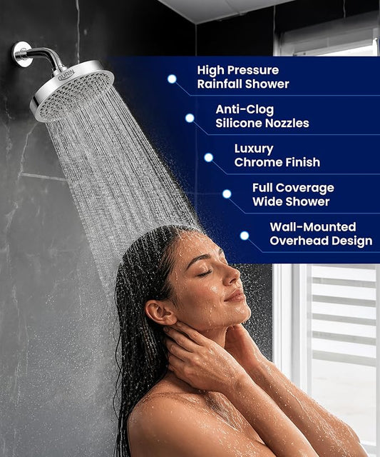 Shower Head - Luxury Polished Chrome Finish - Rain Showerhead 6 Inch | High Pressure Shower Heads with Adjustable Angles, 90 Anti-Clog Nozzles, Tool-Free 1-Min Install