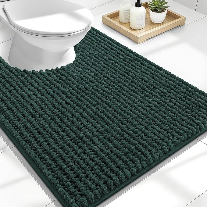 OLANLY Thick Chenille Toilet Rugs U-Shaped 24x20, Blackish Green | Soft Absorbent Shaggy Contour Bathroom Rugs for Toilet, Dry Quickly, Machine Washable, Non-Slip Bath Mat