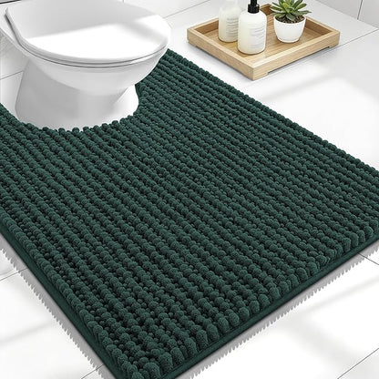 OLANLY Thick Chenille Toilet Rugs U-Shaped 24x20, Blackish Green | Soft Absorbent Shaggy Contour Bathroom Rugs for Toilet, Dry Quickly, Machine Washable, Non-Slip Bath Mat