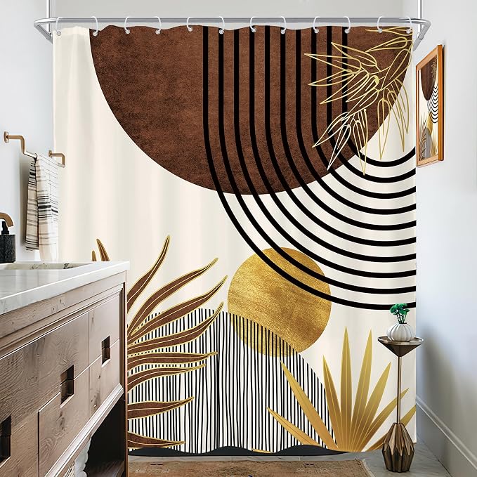 Mid Century Brown Boho Abstract Modern Retro Bathroom Shower Curtain Set | 72Wx78H Tan Gold design, waterproof HD print with fast-drying fabric and 12 hooks.