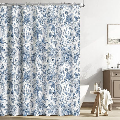 MUGINYU Boho Blue Floral Cotton Shower Curtain for Bathroom - Rustic Farmhouse cottagecore Print Pattern Botanical Boho Shower Curtain Set Aesthetic Chinoiserie Vintage Bathroom Decor