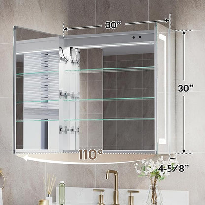 WELLFOR 30" X 30" Bathroom LED Medicine Cabinet with Mirror, Medicine Cabinet with Lights, Bathroom Mirror with Storage, Dimmer, Defogger, Outlets & USB Ports, Double Doors