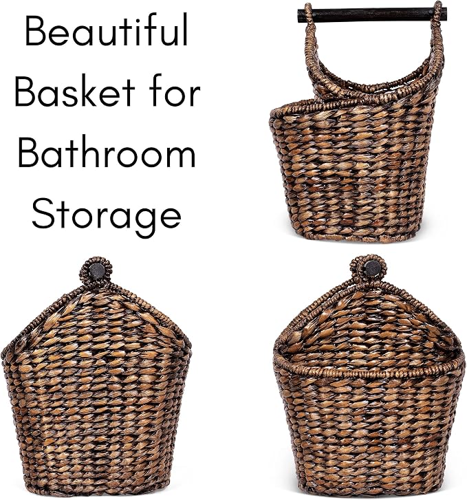 BirdRock Home Seagrass Magazine and Bathroom Basket - Hand Woven Toilet Paper Holder with Pocket - Grey Wash - Stylish Decorative Design - Wooden Basket Décor - Dispenser