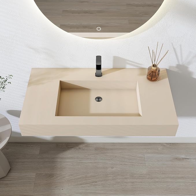 SJ STAR&JANE 35" x 19" in Solid Surface Bathroom Sink, Wall-Mount or Countertop Vessel Sink, Rectangle Floating Vanity Sink in Milk-Coffee, Pre-installed Faucet Holes, Durable Modern Design