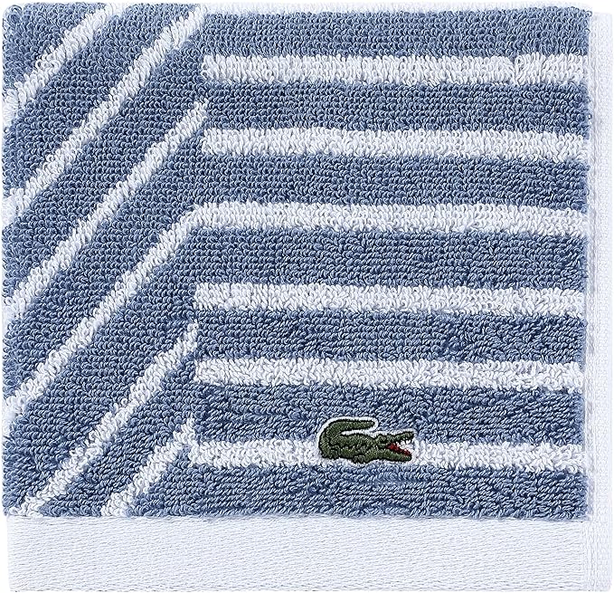 Lacoste Guethary Striped Towel – 100% Cotton, Reversible Modern Geometric Design, Soft & Absorbent, Durable & Lightweight, Machine Washable – Denim, 13"x13" Washcloth