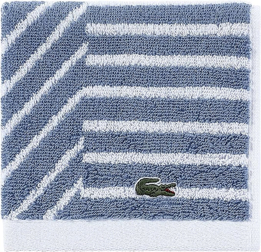 Lacoste Guethary Striped Towel – 100% Cotton, Reversible Modern Geometric Design, Soft & Absorbent, Durable & Lightweight, Machine Washable – Denim, 13"x13" Washcloth