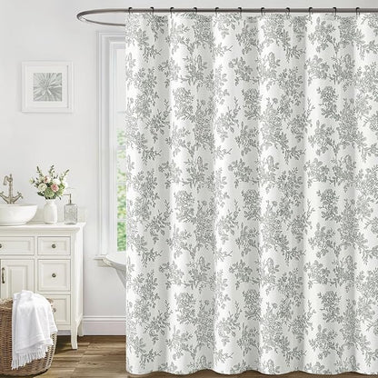 Grey Floral Shower Curtain W72*L72 Inches Long | Linen Textured Fabric, 12 Rustproof Metal Hooks, Wrinkle Resistant Cloth, Machine Washable, Bathroom Decor for Cottage Core