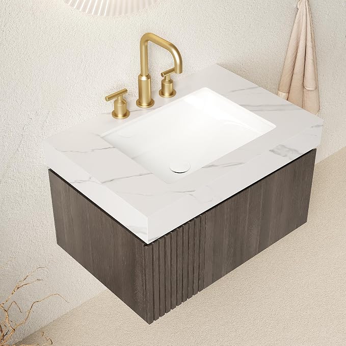 KEIKI 30 Inch Floating Bathroom Vanity with Sink, Espresso & White | Modern Wall Mounted Storage Cabinet w/ Drawer & Door, Pre-assembled Wood Panels, Sintered Stone Top & Ceramic Basin Combo Set