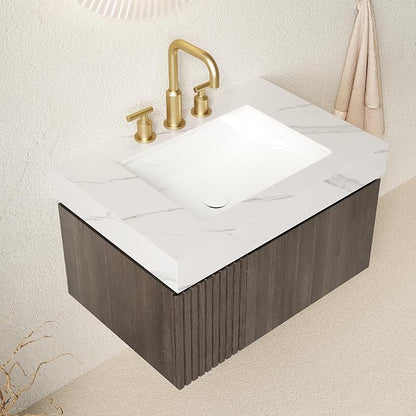 KEIKI 30 Inch Floating Bathroom Vanity with Sink, Espresso & White | Modern Wall Mounted Storage Cabinet w/ Drawer & Door, Pre-assembled Wood Panels, Sintered Stone Top & Ceramic Basin Combo Set