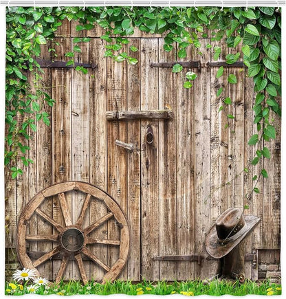Rustic Farmhouse Country Barn Door Shower Curtain for Bathroom,Wood Board Plank Country Vintage Green Leaves Garage Cabin Decor Curtains,Wooden Wheel Boots Bath Curtains with Hooks 47X64 in