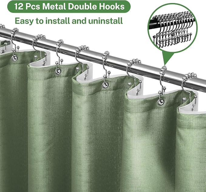 3 in 1 Shower Curtain Set, Green Shower Curtain and Liner Set with 12 Double Sided Shower Curtain Hooks, Cloth Shower Curtains for Bathroom,Waterproof, 72" W*72" H