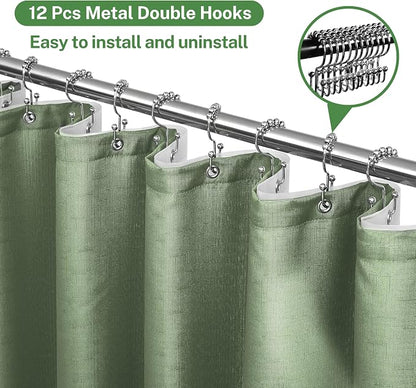 3 in 1 Shower Curtain Set, Green Shower Curtain and Liner Set with 12 Double Sided Shower Curtain Hooks, Cloth Shower Curtains for Bathroom,Waterproof, 72" W*72" H