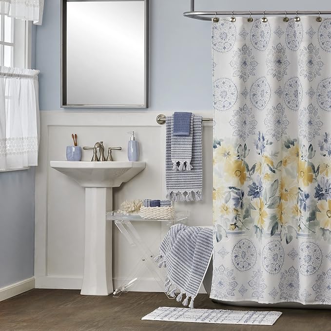 SKL Home Longborough Hand Towel Set-2pc, 100% Turkish Cotton, Denim Blue | 640 GSM weight. Spa-level quality. Soft & absorbent jacquard with tassels. For the bathroom, kitchen, bar or any sink space.