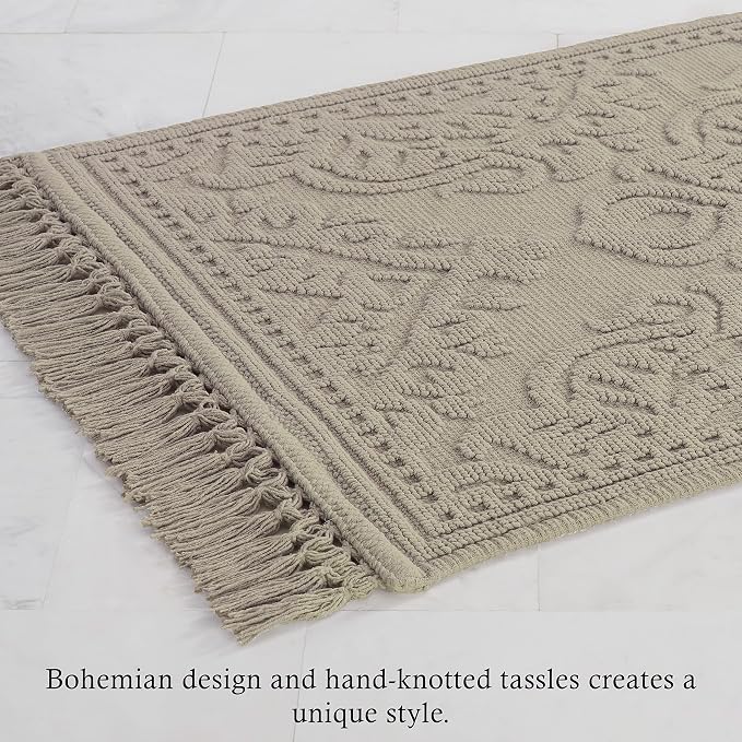 Jean Pierre - Ricardo Bath Mats, Set of 2 Woven Fringe Bathroom Rugs, 100% Cotton, Premium Bathroom Decor - Measures 17" x 31" and 21" x 41" - Linen