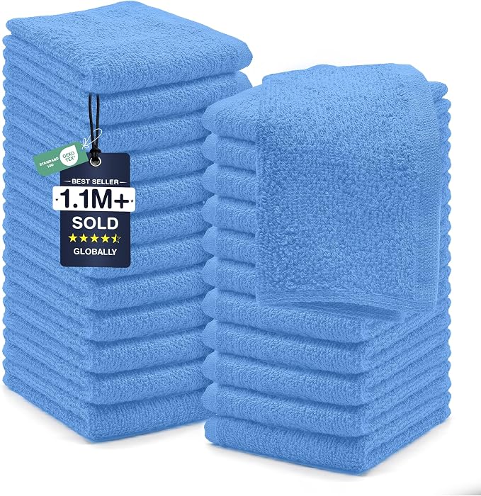 DAN RIVER 24 Pack Cotton Wash Cloths Set for Showering [12x12] M Blue | Lighter Weight, Quick to Dry, Super Soft & Absorbent Face Towels, Hotel Quality, Perfect for Bathroom, Gym, Spa