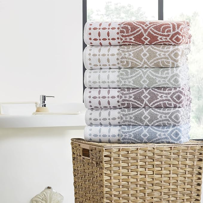 Modern Threads Monroe 6-Piece 100% Cotton Towel Set – Reversible Yarn Dyed Jacquard & Solid – Includes 2 Bath Towels, 2 Hand Towels, 2 Washcloths – Absorbent, Quick Dry, Soft & Durable – Orchid