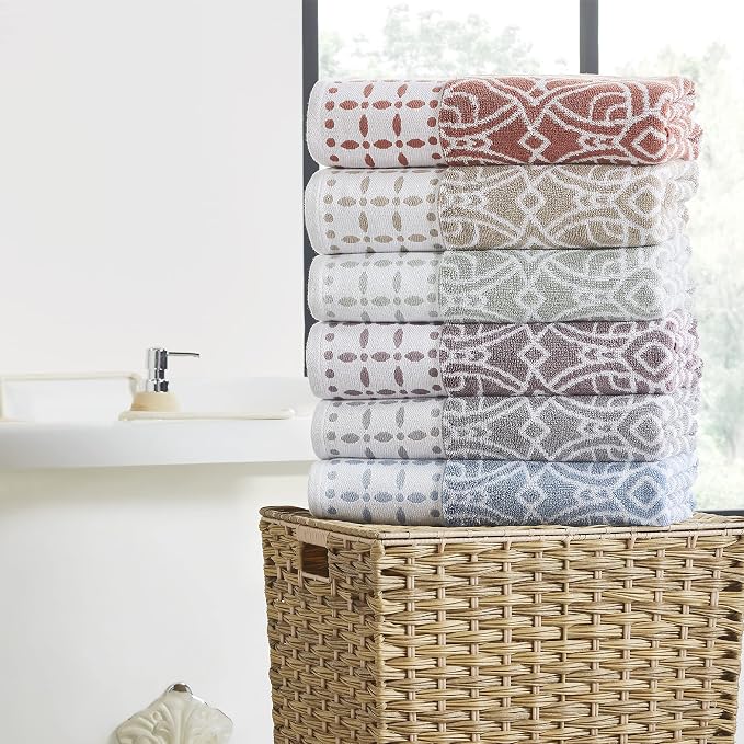 Modern Threads Monroe 6-Piece 100% Cotton Towel Set – Reversible Yarn Dyed Jacquard & Solid – Includes 2 Bath Towels, 2 Hand Towels, 2 Washcloths – Absorbent, Quick Dry, Soft & Durable – Light Brown