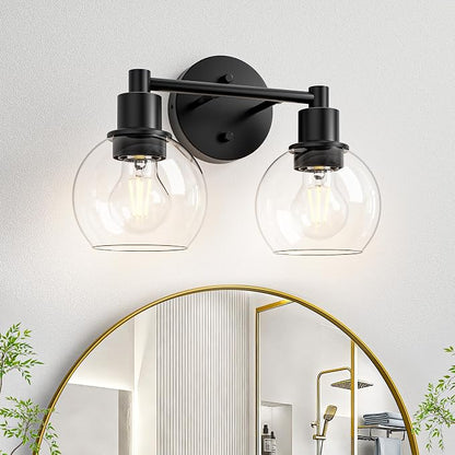 2 Light Bathroom Light Fixtures Black Vanity Lights, Farmhouse Bathroom Vanity Lights 2-Light Matte Black Globe Bathroom Vanity Lighting Fixture Over Mirror
