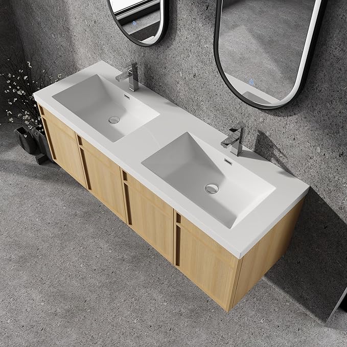 60" Wall Mounted Bathroom Vanity - Floating Bathroom Vanity with Double Resin Sink, 4 Soft Closing Doors, Original Oak Plywood (KD-Packing)