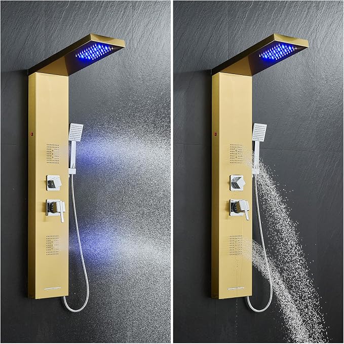 5-in-1 LED Shower Panel Tower System Stainless Steel Gold | Rainfall head | 2 massage jets | Handheld shower | Tub spout | LED lights | Wall mount
