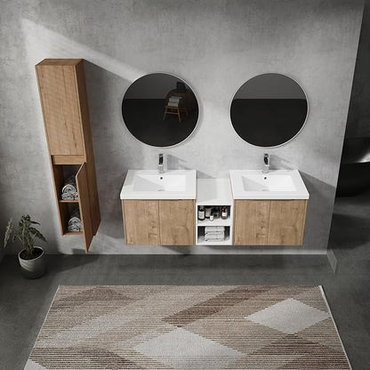 60" Floating Double Sink Bathroom Vanity Brown Wall Mount Bathroom Vanity Cabinet with Sink Combo, 60-Inch Bathroom Vanities Set with Open Storage Shelf & 2 Side Cabinet & 2 24in Bathroom Vanities