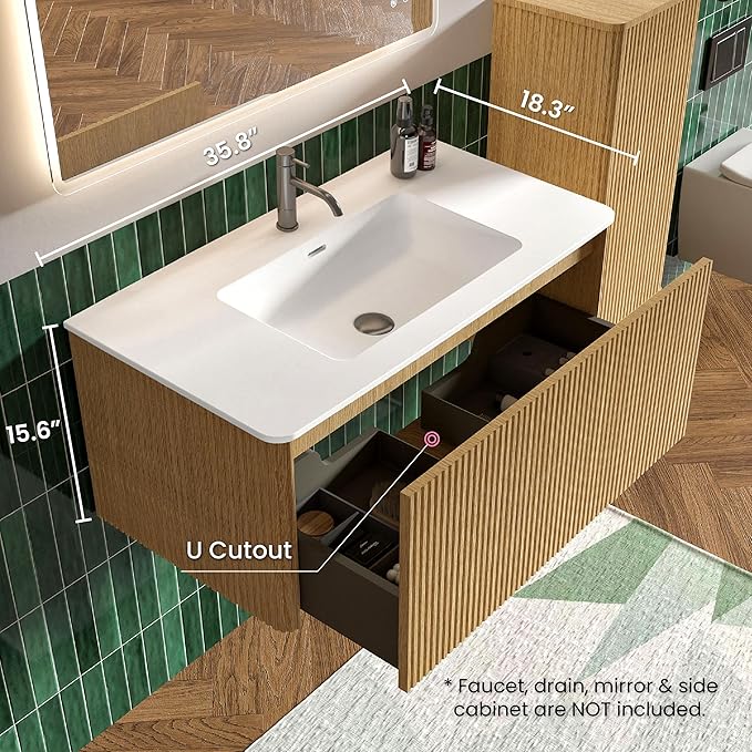36" Bathroom Vanity with Sink, Modern Floating Vanity with Push Open Soft Close Drawer, Large Storage for Bathroom, Apartment, Hotel, Natural Oak, Fully Assembled - Camellia Collection