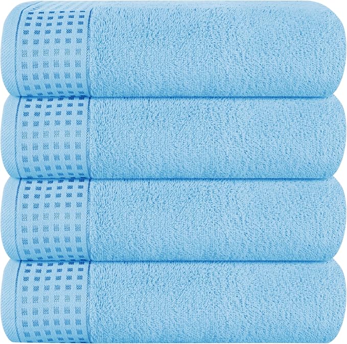 GLAMBURG Ultra Soft 4 Pack Oversized Bath Towel Set 27x54 inches, 100% Cotton Bath Towels, Highly Absorbant Compact Quickdry & Lightweight Towel, Ideal for Gym Travel Camp Pool - Sky Blue