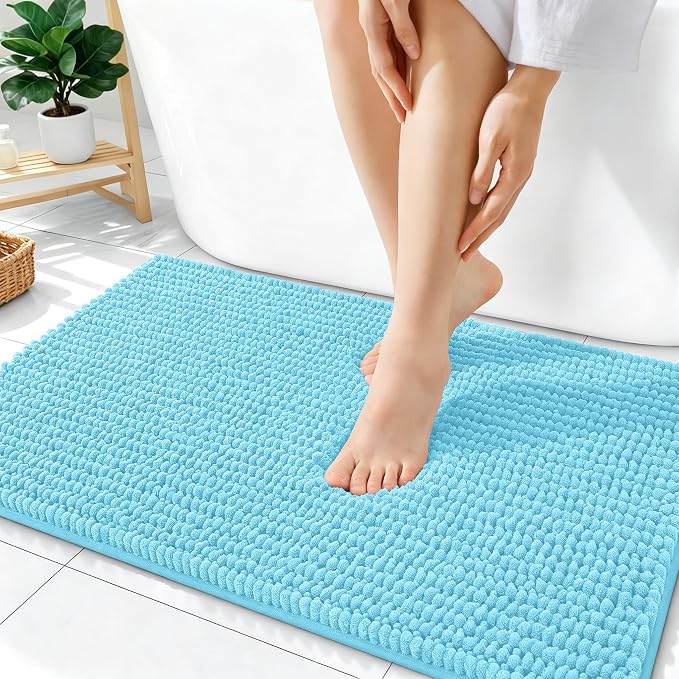 OLANLY Thick Chenille Absorbent Bathroom Rugs Mat 36x24, Sky Blue | Soft Bath Rugs, Rubber Backing, Machine Wash Dry, Bath Mats for Bathroom, Tub and Shower, Home Decor Accessories