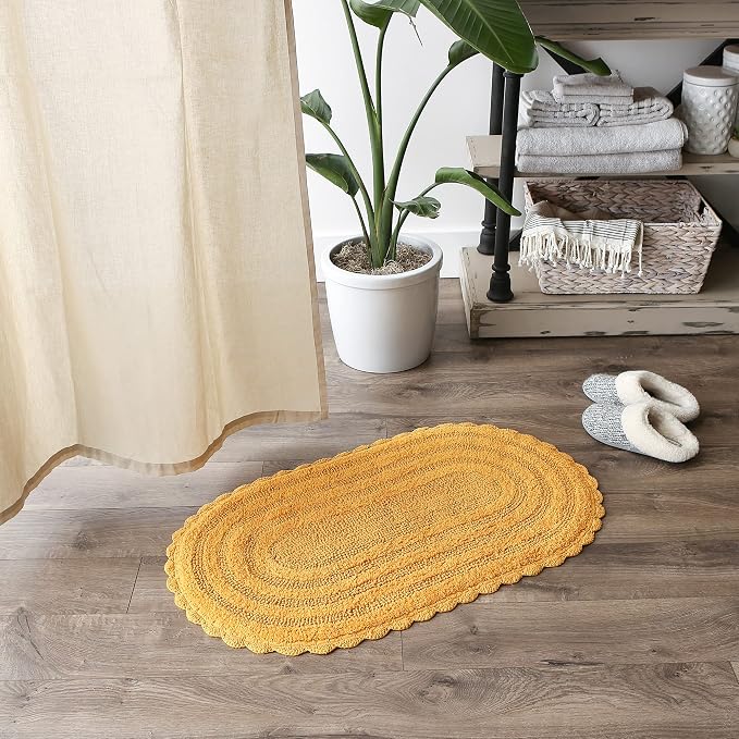 DII Crochet Collection Reversible Bath Mat, Large Oval, 21x34, Honey Gold