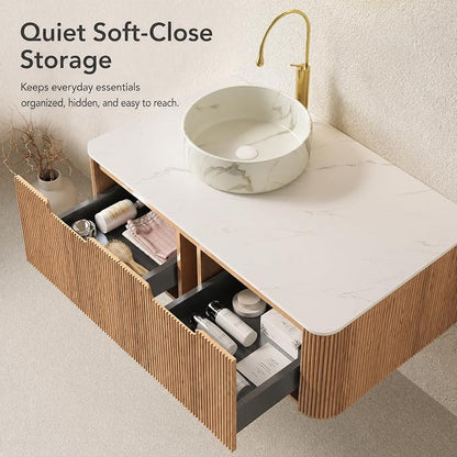 48 Inch Bathroom Vanity with Sink, Floating Wall Mounted Single Sink Vanity, Natural Woodgrain Curved Fluted Front, Stone Top, Marble-Look Round Vessel Basin, Pre-Assembled