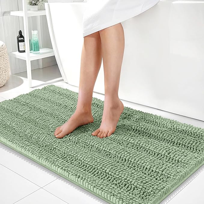 OLANLY Thick Bathroom Runner Rugs 44x24, Chenille Bath Rugs, Sage Green | Absorbent Striped, Rubber Backing, Machine Wash, Long Bath Mats for Bathroom Floor, Tub and Shower, Home Decor Accessories